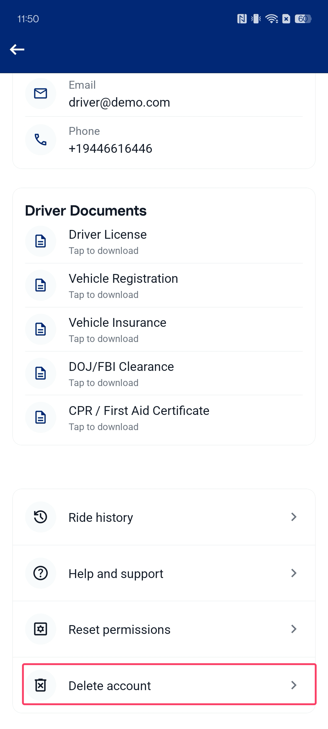 Profile screen showing the Delete account option at the bottom of the menu