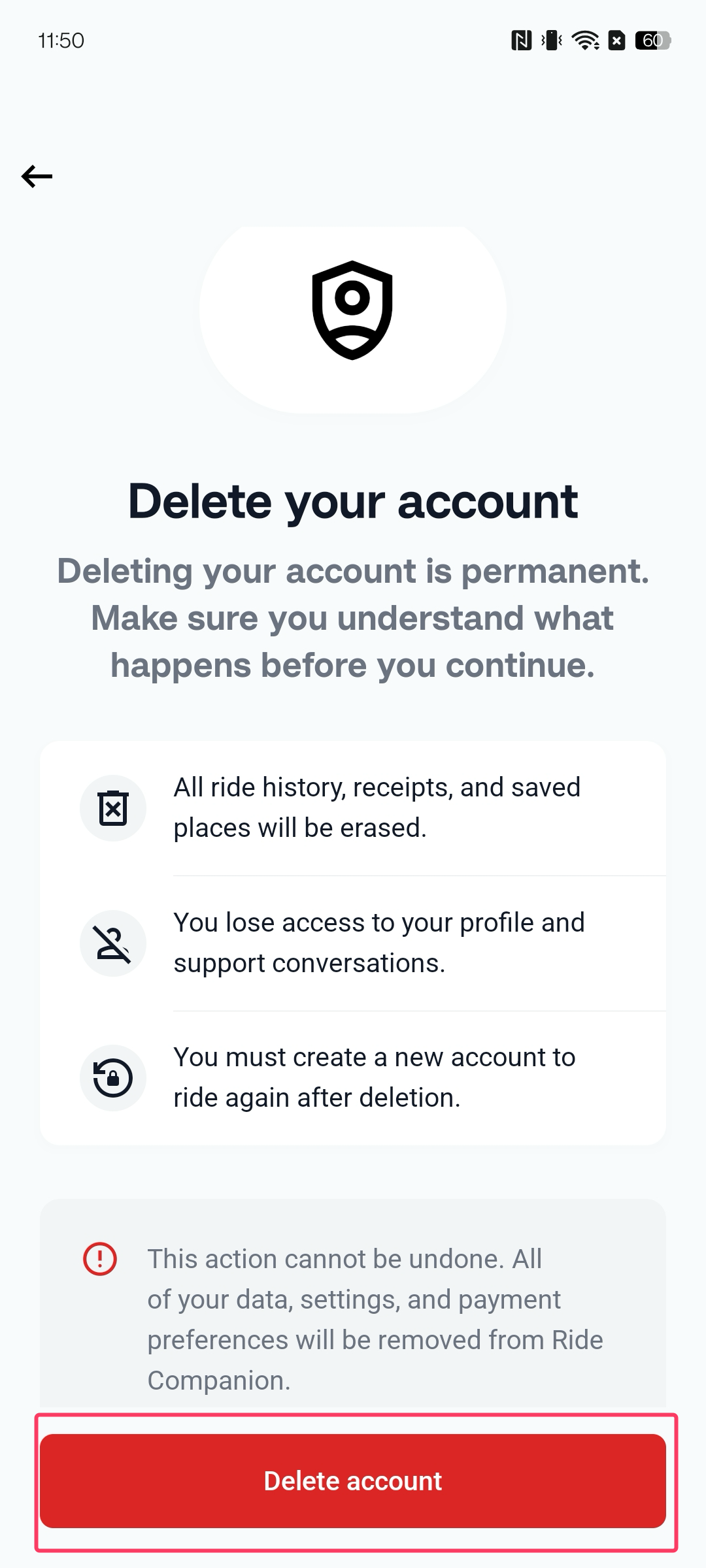Delete account screen showing what data will be permanently removed