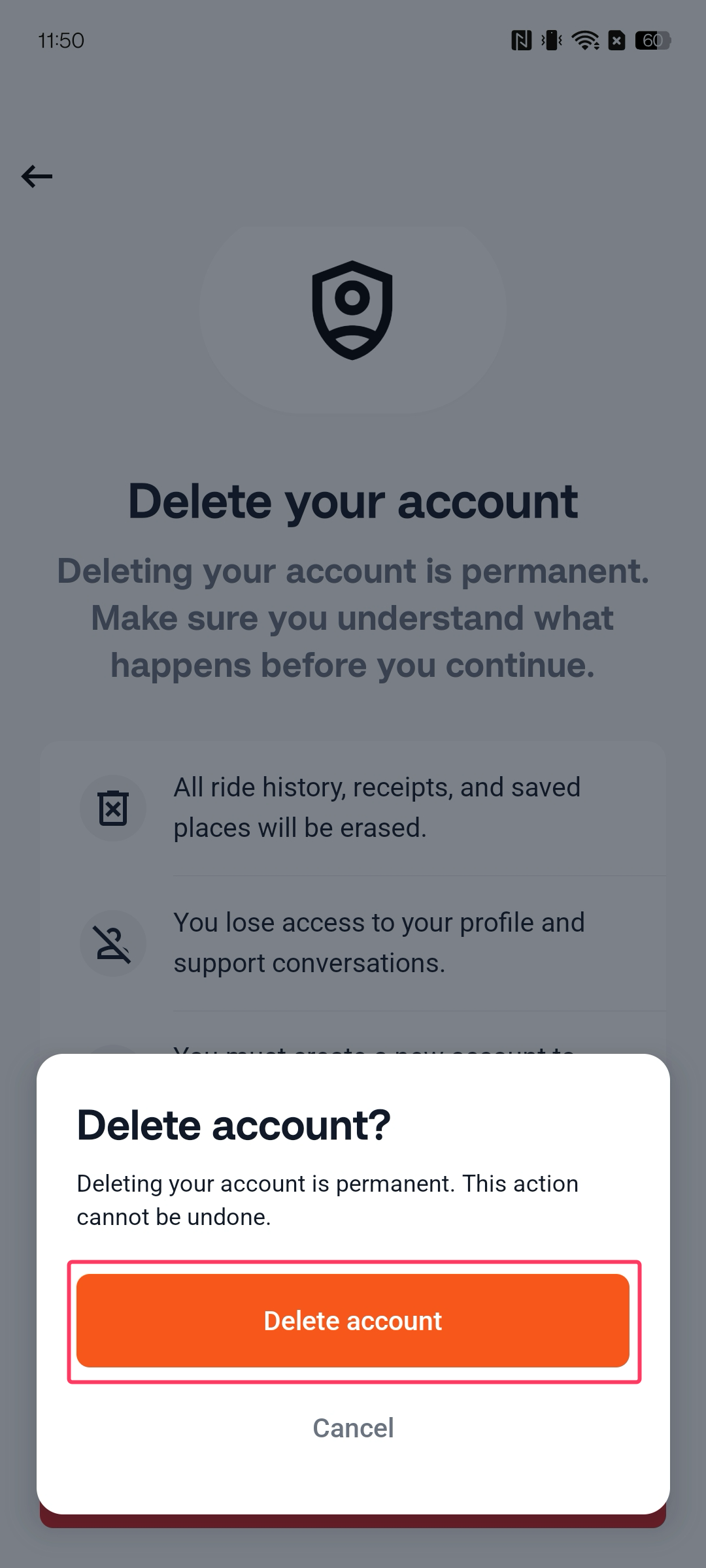 Confirmation dialog asking to confirm permanent account deletion